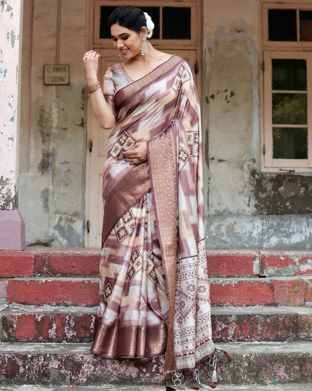 PURE SILK DIGITALLY PRINTED SAREE WEAVED WITH GOLDEN ZARI COMES WITH TASSELS