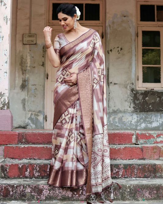 PURE SILK DIGITALLY PRINTED SAREE WEAVED WITH GOLDEN ZARI COMES WITH TASSELS