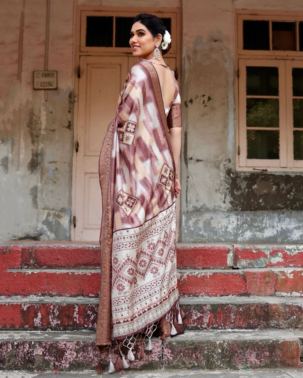 PURE SILK DIGITALLY PRINTED SAREE WEAVED WITH GOLDEN ZARI COMES WITH TASSELS