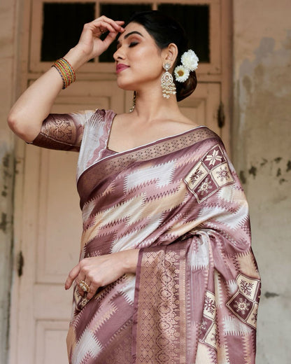 PURE SILK DIGITALLY PRINTED SAREE WEAVED WITH GOLDEN ZARI COMES WITH TASSELS