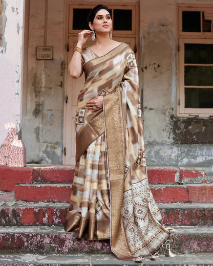 PURE SILK DIGITALLY PRINTED SAREE WEAVED WITH GOLDEN ZARI COMES WITH TASSELS