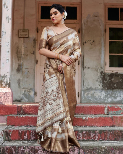 PURE SILK DIGITALLY PRINTED SAREE WEAVED WITH GOLDEN ZARI COMES WITH TASSELS