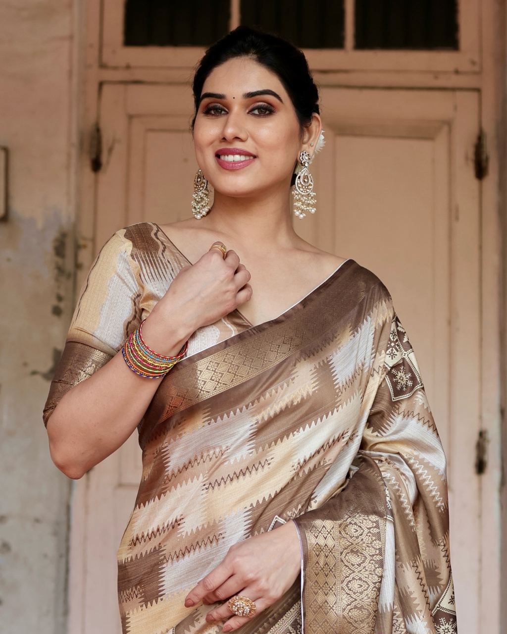 PURE SILK DIGITALLY PRINTED SAREE WEAVED WITH GOLDEN ZARI COMES WITH TASSELS