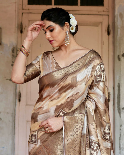 PURE SILK DIGITALLY PRINTED SAREE WEAVED WITH GOLDEN ZARI COMES WITH TASSELS