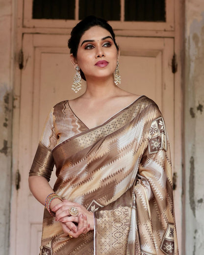 PURE SILK DIGITALLY PRINTED SAREE WEAVED WITH GOLDEN ZARI COMES WITH TASSELS