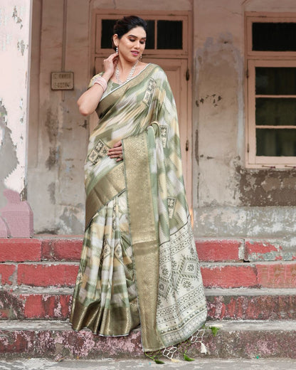 PURE SILK DIGITALLY PRINTED SAREE WEAVED WITH GOLDEN ZARI COMES WITH TASSELS