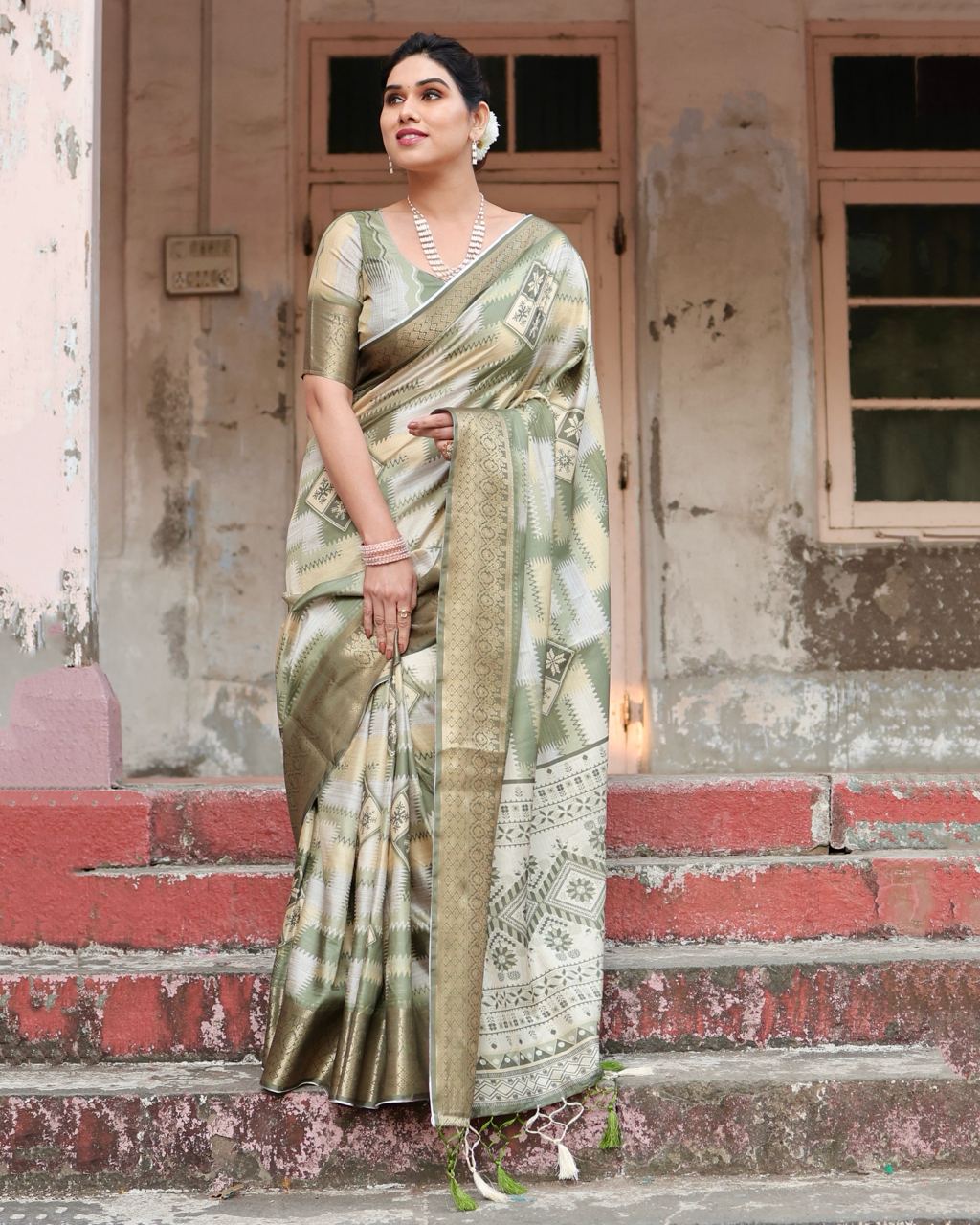 PURE SILK DIGITALLY PRINTED SAREE WEAVED WITH GOLDEN ZARI COMES WITH TASSELS