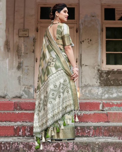 PURE SILK DIGITALLY PRINTED SAREE WEAVED WITH GOLDEN ZARI COMES WITH TASSELS