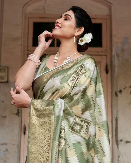 PURE SILK DIGITALLY PRINTED SAREE WEAVED WITH GOLDEN ZARI COMES WITH TASSELS