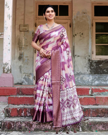 PURE SILK DIGITALLY PRINTED SAREE WEAVED WITH GOLDEN ZARI COMES WITH TASSELS