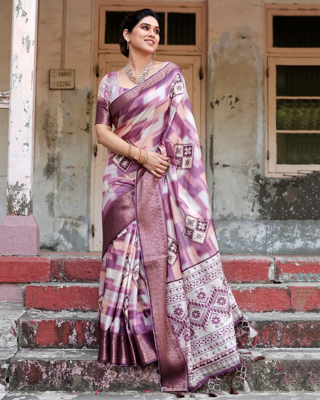 PURE SILK DIGITALLY PRINTED SAREE WEAVED WITH GOLDEN ZARI COMES WITH TASSELS