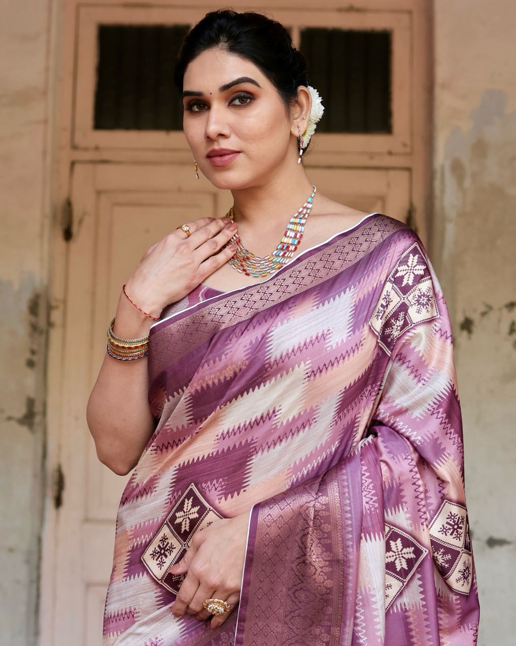 PURE SILK DIGITALLY PRINTED SAREE WEAVED WITH GOLDEN ZARI COMES WITH TASSELS