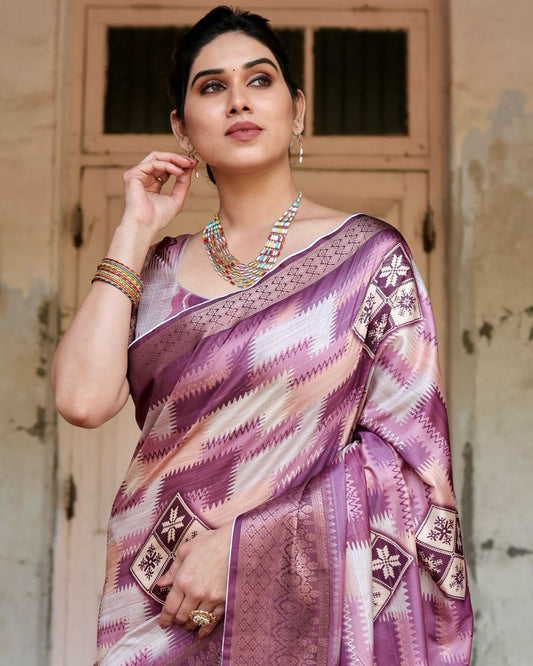 PURE SILK DIGITALLY PRINTED SAREE WEAVED WITH GOLDEN ZARI COMES WITH TASSELS