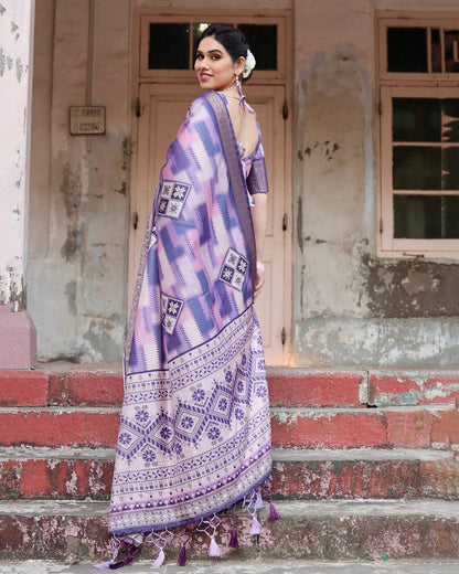 PURE SILK DIGITALLY PRINTED SAREE WEAVED WITH GOLDEN ZARI COMES WITH TASSELS