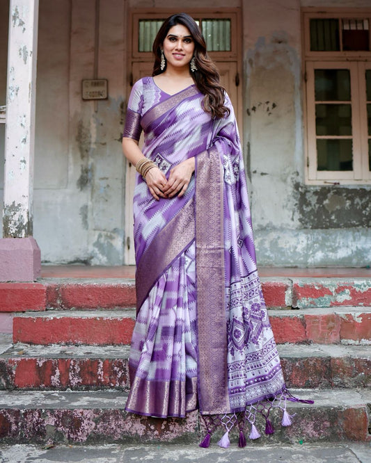 PURE SILK DIGITALLY PRINTED SAREE WEAVED WITH GOLDEN ZARI COMES WITH TASSELS