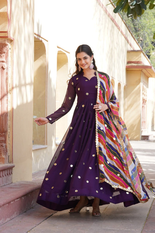 PURPLE FAUX BLOOMING WITH ZARI THREAD SEQUINS EMBROIDERY WORK GOWN