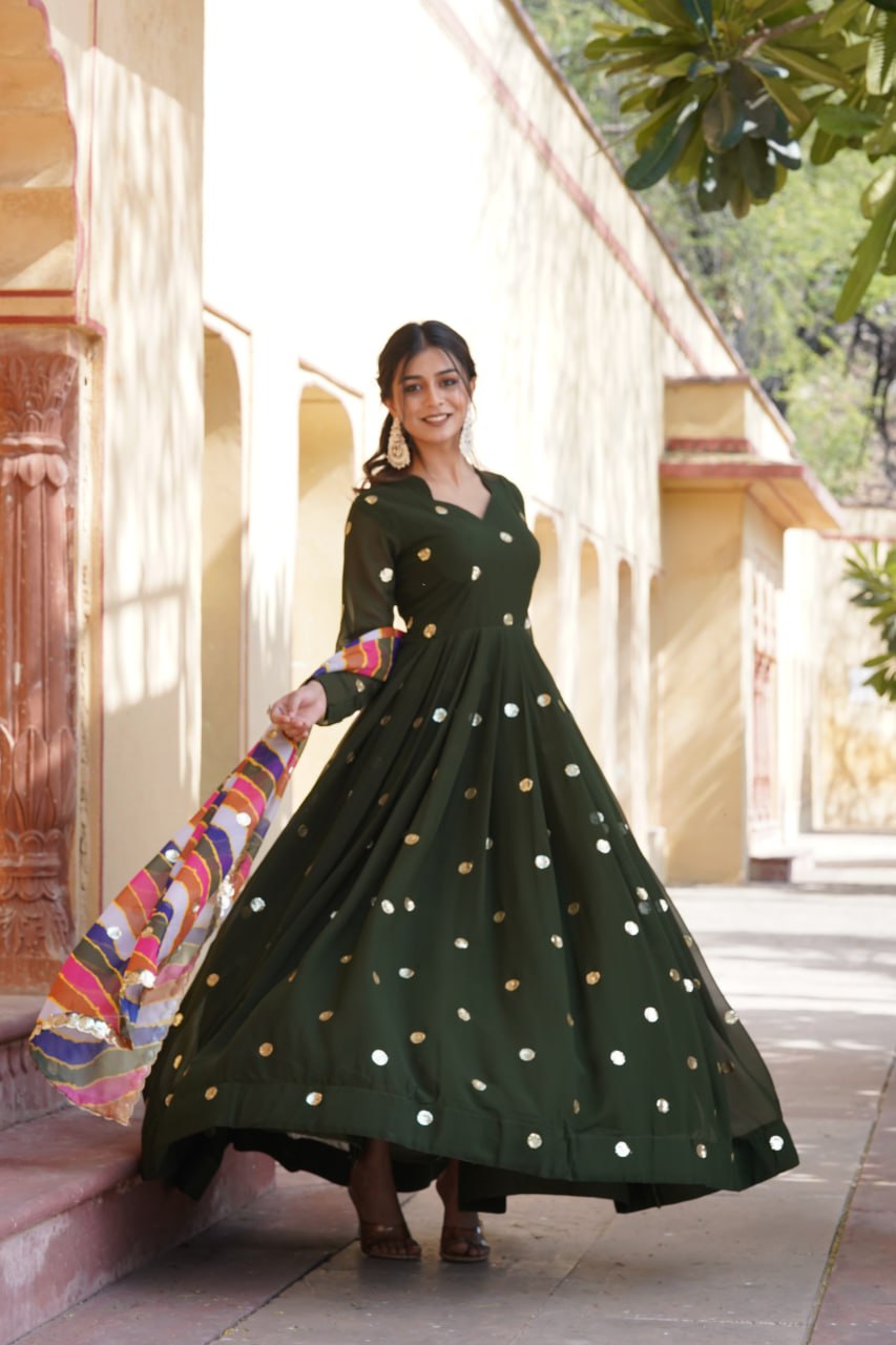 GREEN FAUX BLOOMING WITH ZARI THREAD SEQUINS EMBROIDERY WORK GOWN