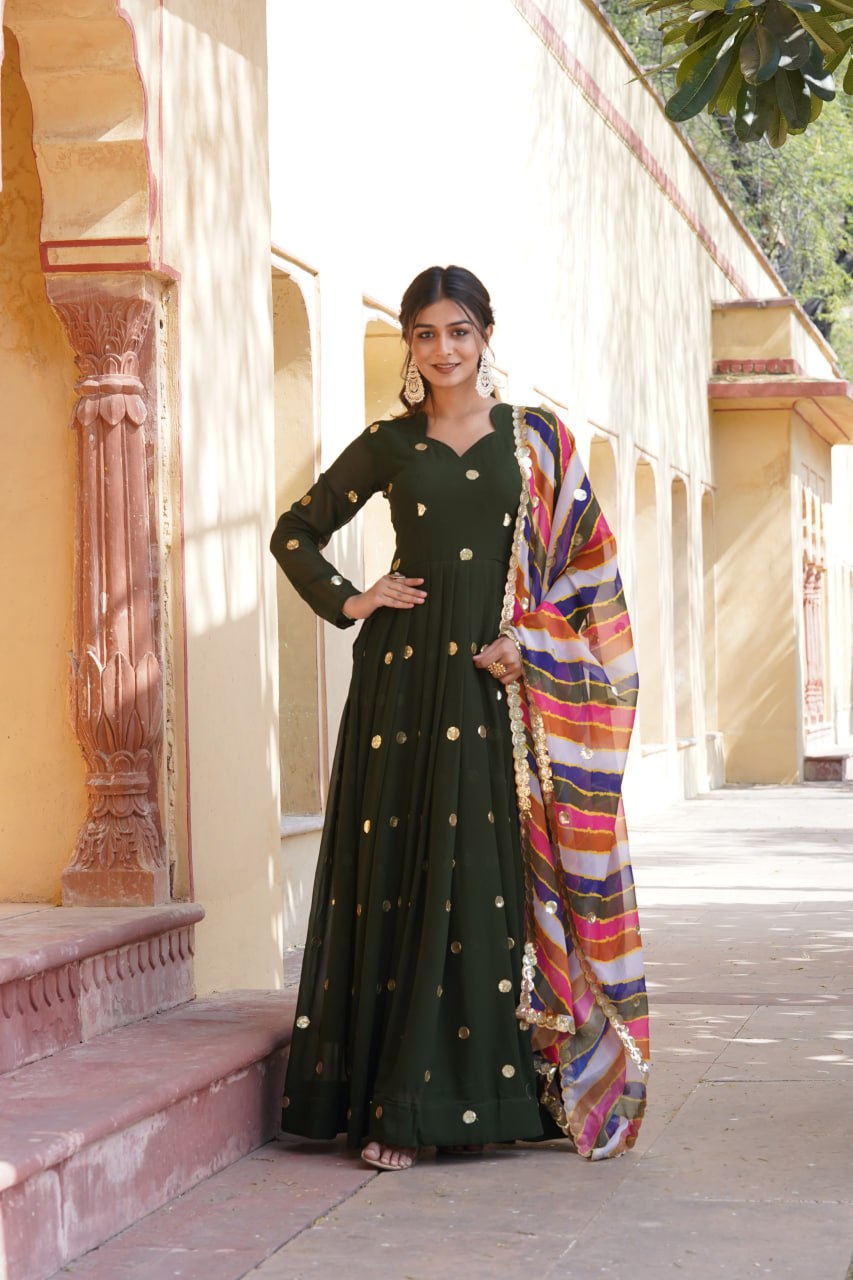 GREEN FAUX BLOOMING WITH ZARI THREAD SEQUINS EMBROIDERY WORK GOWN