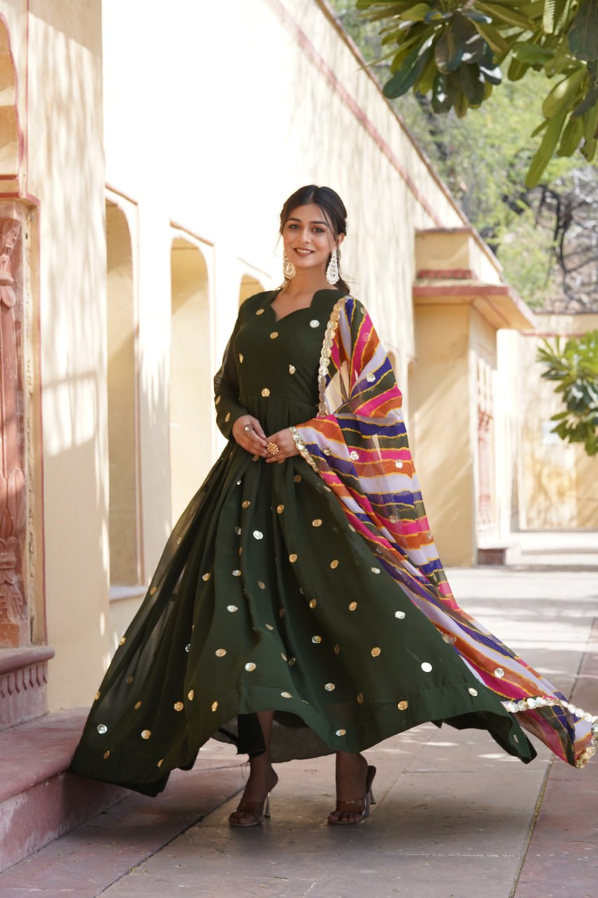 GREEN FAUX BLOOMING WITH ZARI THREAD SEQUINS EMBROIDERY WORK GOWN