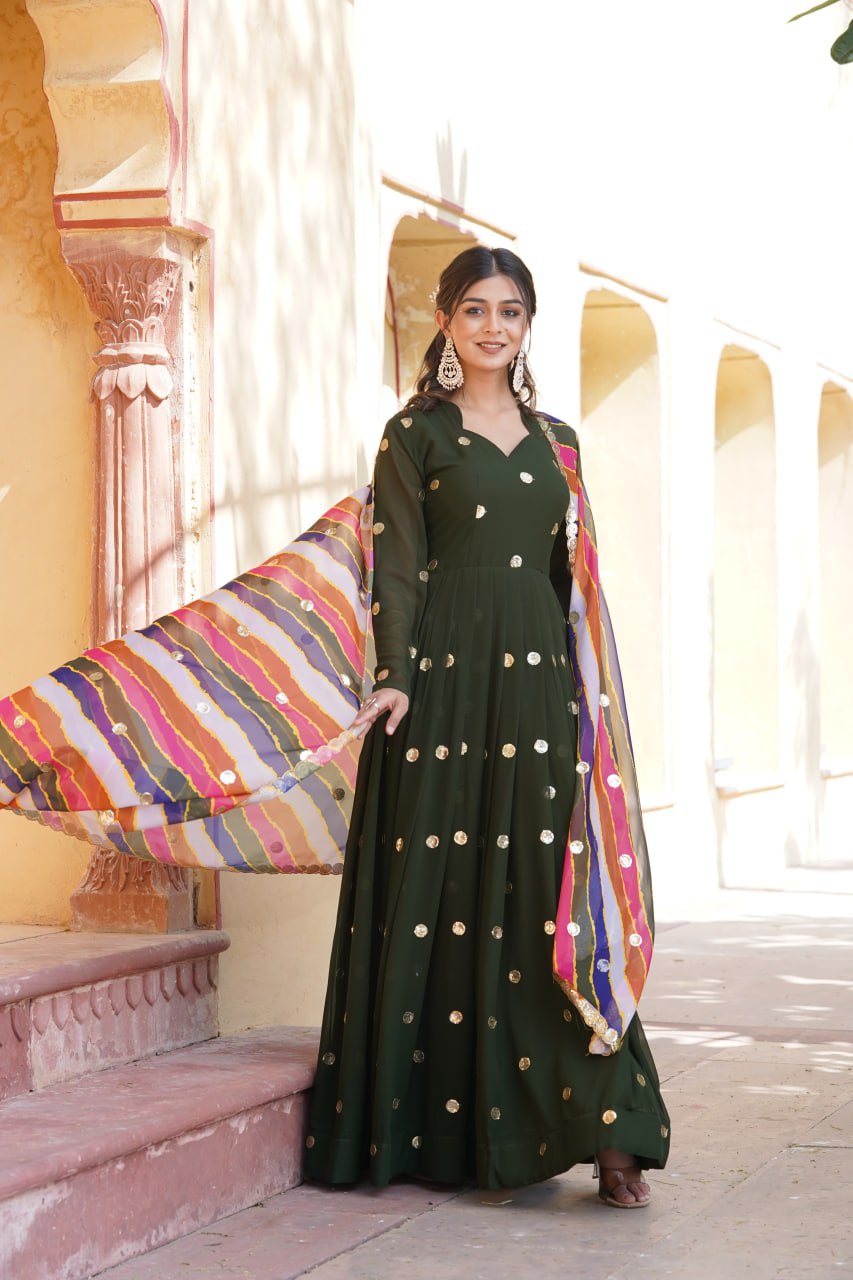 GREEN FAUX BLOOMING WITH ZARI THREAD SEQUINS EMBROIDERY WORK GOWN