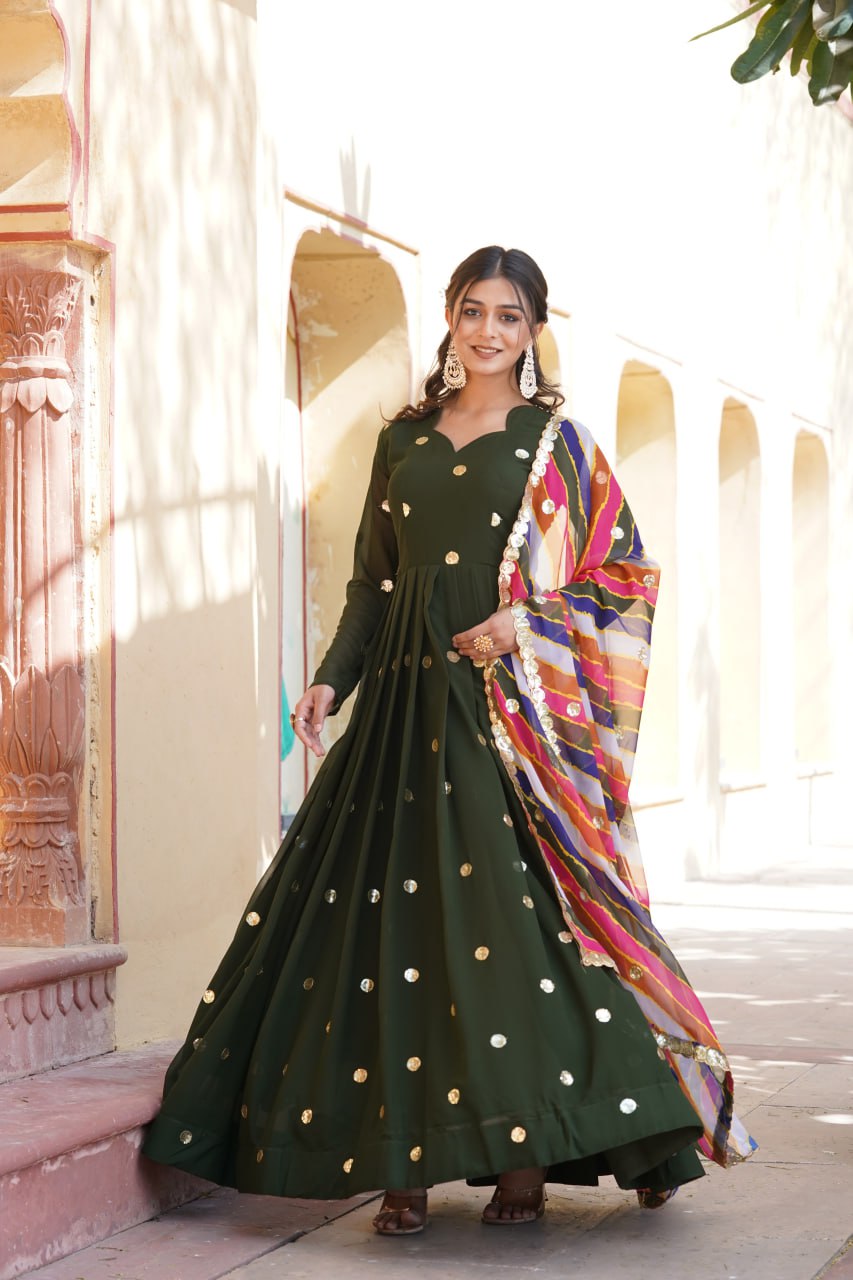 GREEN FAUX BLOOMING WITH ZARI THREAD SEQUINS EMBROIDERY WORK GOWN