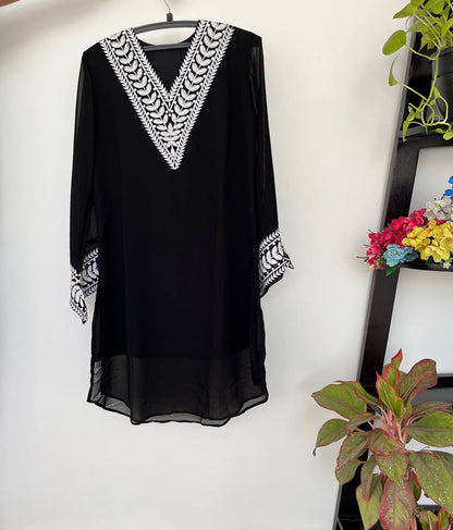 Black And White Georgette With Thread Embroidered Work V Neck