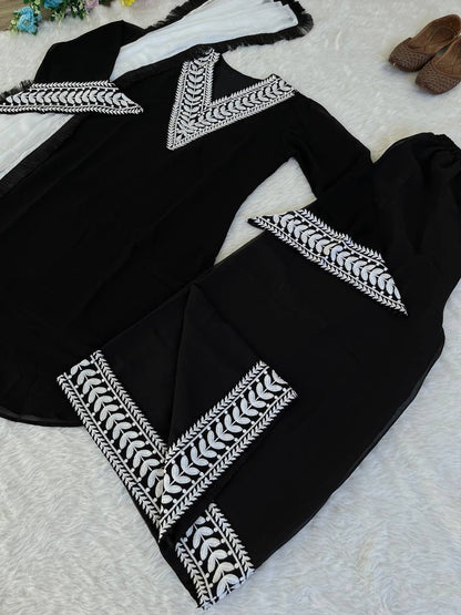 Black And White Georgette With Thread Embroidered Work V Neck