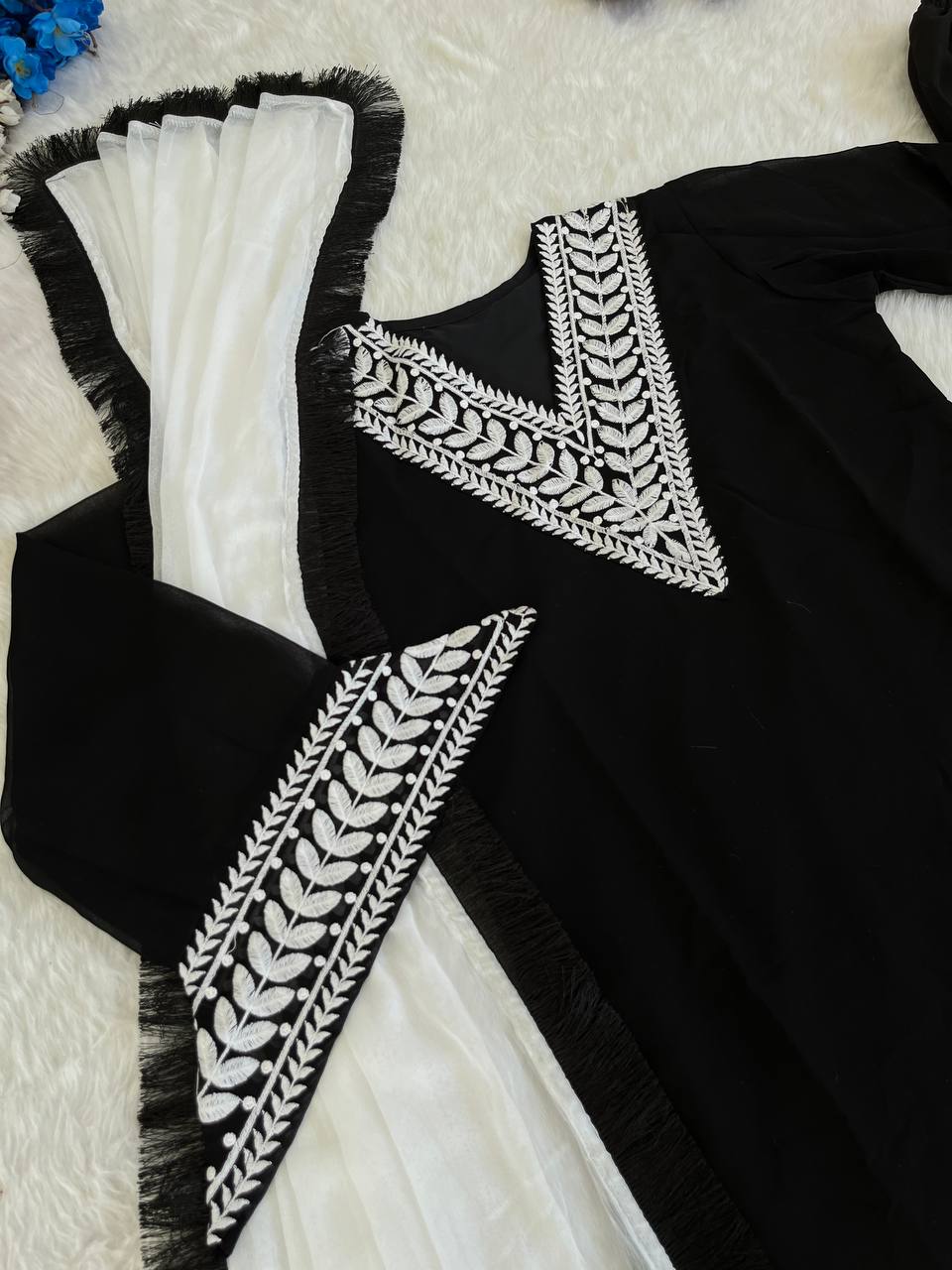 Black And White Georgette With Thread Embroidered Work V Neck