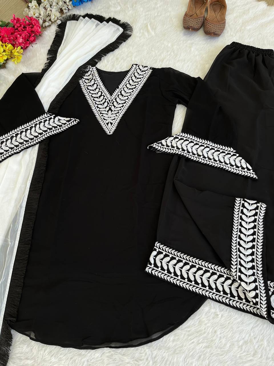 Black And White Georgette With Thread Embroidered Work V Neck