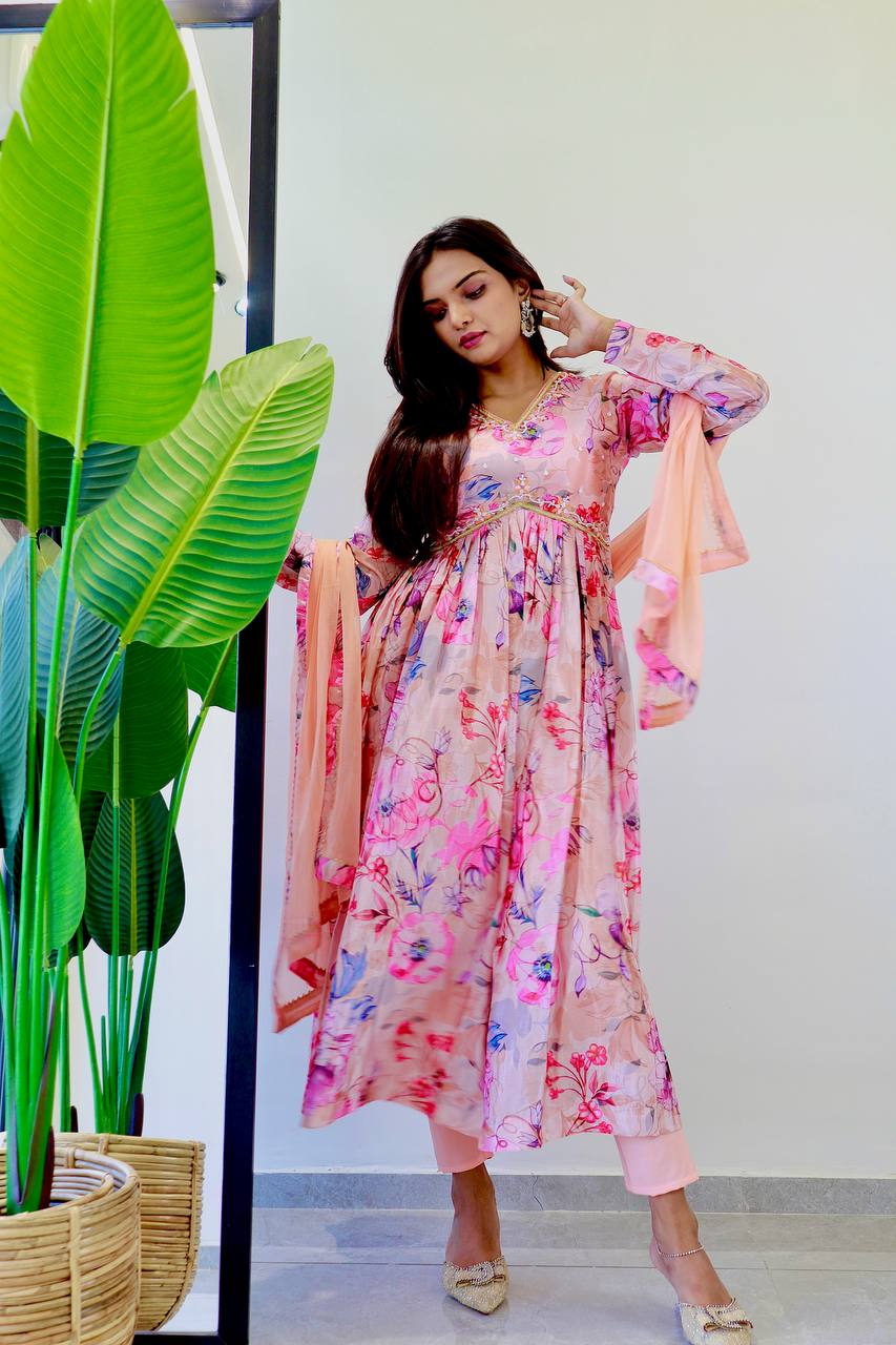 Light Pink Color Aliya Cut Chinon Soft With Digital Lily Printed Taser Color Beautiful Dress