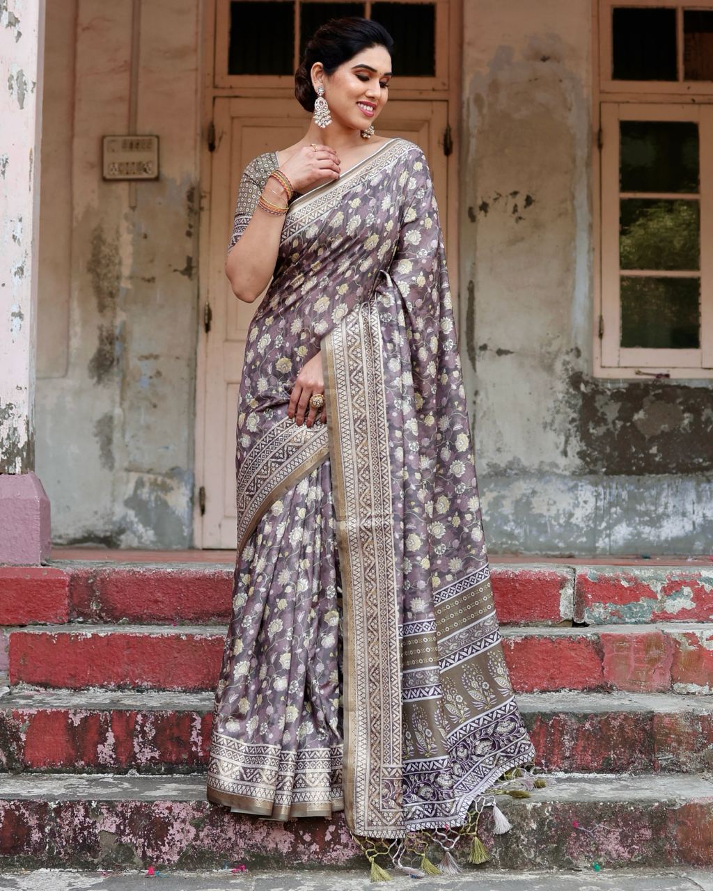 PURE SILK DIGITALLY PRINTED SAREE WEAVED WITH GOLDEN ZARI COMES WITH TASSELS