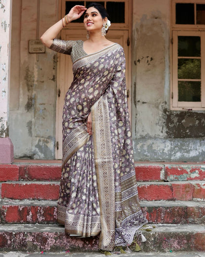 PURE SILK DIGITALLY PRINTED SAREE WEAVED WITH GOLDEN ZARI COMES WITH TASSELS