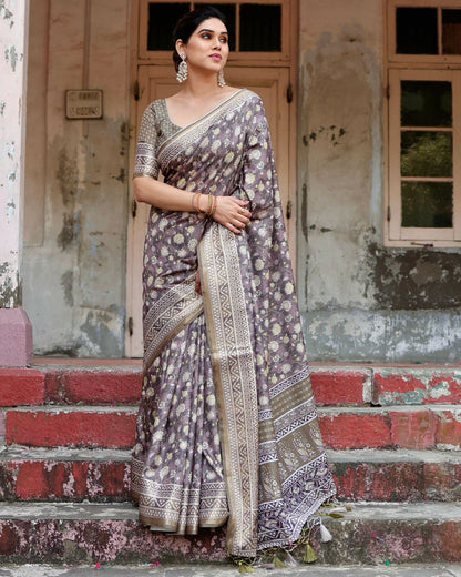 PURE SILK DIGITALLY PRINTED SAREE WEAVED WITH GOLDEN ZARI COMES WITH TASSELS