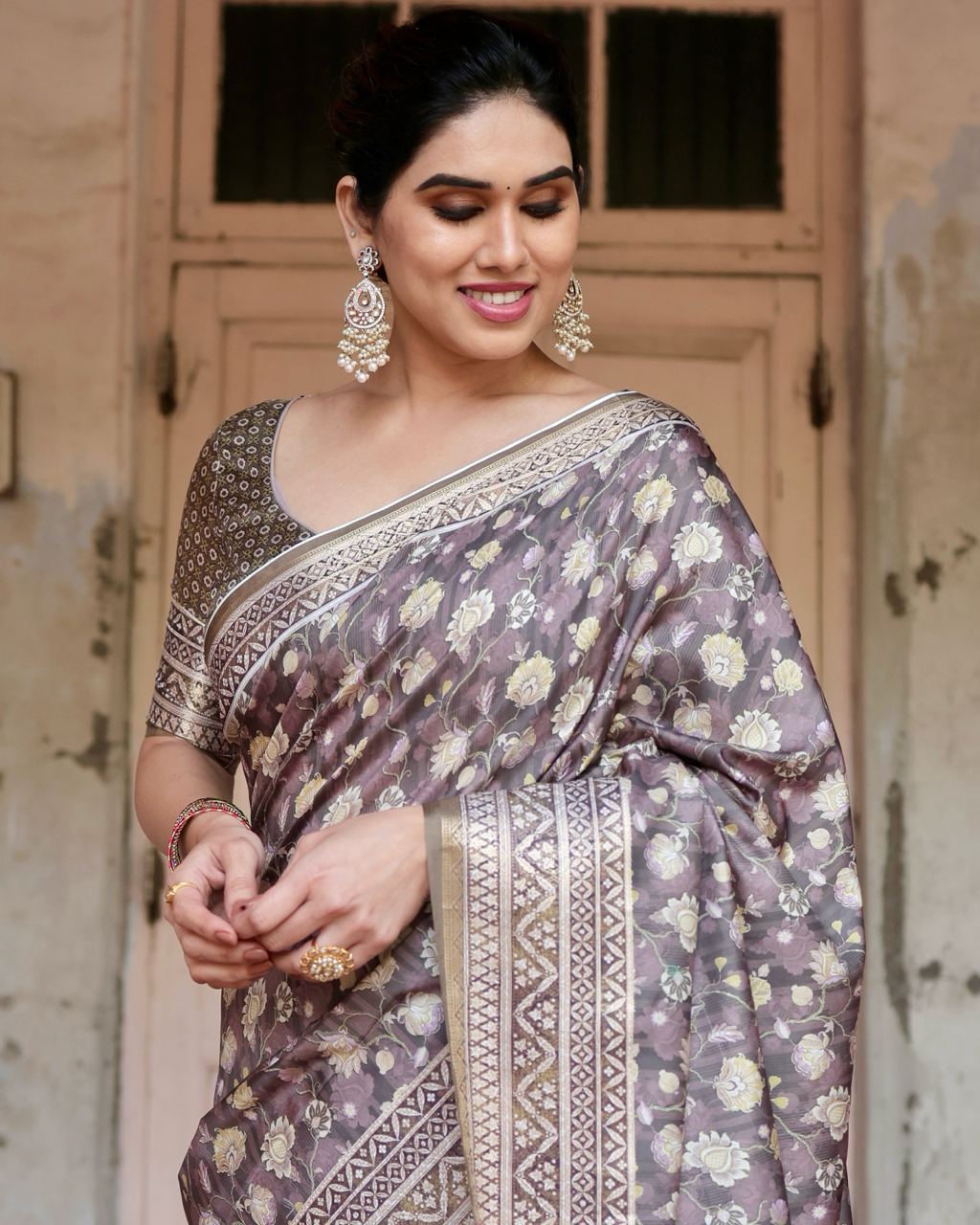 PURE SILK DIGITALLY PRINTED SAREE WEAVED WITH GOLDEN ZARI COMES WITH TASSELS