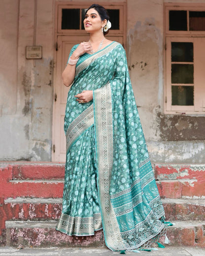 PURE SILK DIGITALLY PRINTED SAREE WEAVED WITH GOLDEN ZARI COMES WITH TASSELS