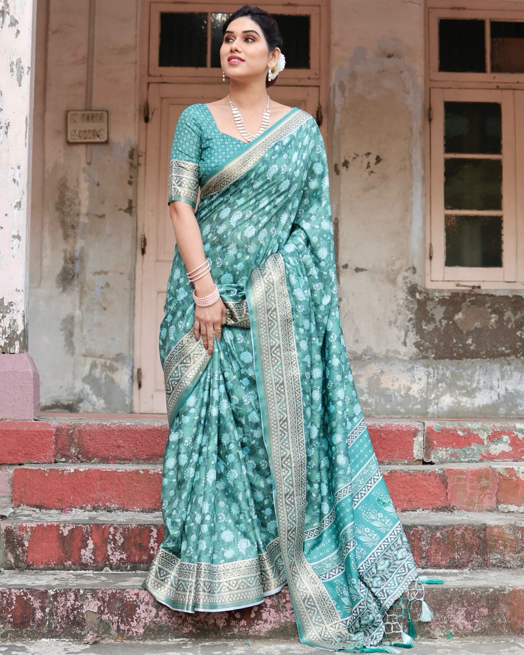 PURE SILK DIGITALLY PRINTED SAREE WEAVED WITH GOLDEN ZARI COMES WITH TASSELS