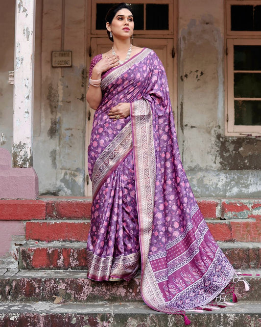 PURE SILK DIGITALLY PRINTED SAREE WEAVED WITH GOLDEN ZARI COMES WITH TASSELS