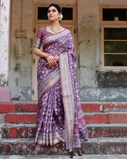 PURE SILK DIGITALLY PRINTED SAREE WEAVED WITH GOLDEN ZARI COMES WITH TASSELS