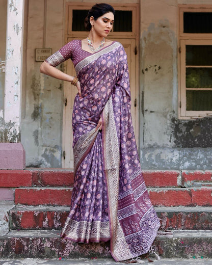 PURE SILK DIGITALLY PRINTED SAREE WEAVED WITH GOLDEN ZARI COMES WITH TASSELS