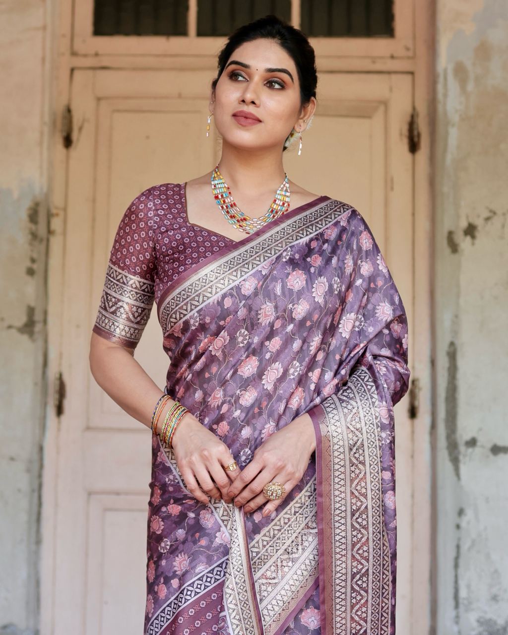 PURE SILK DIGITALLY PRINTED SAREE WEAVED WITH GOLDEN ZARI COMES WITH TASSELS