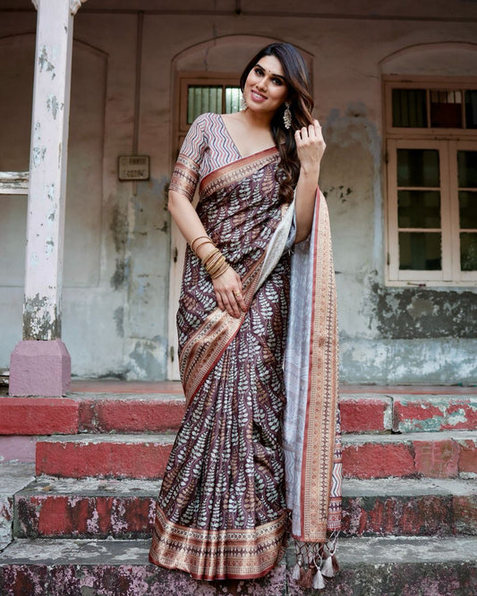 PURE SILK DIGITALLY PRINTED SAREE WEAVED WITH GOLDEN ZARI COMES WITH TASSELS