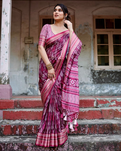 PURE SILK DIGITALLY PRINTED SAREE WEAVED WITH GOLDEN ZARI COMES WITH TASSELS