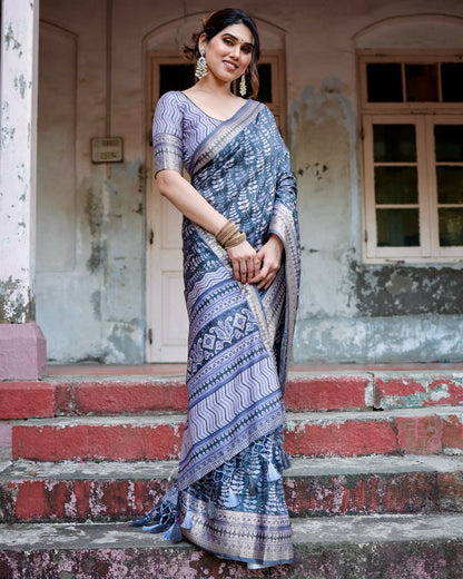 PURE SILK DIGITALLY PRINTED SAREE WEAVED WITH GOLDEN ZARI COMES WITH TASSELS