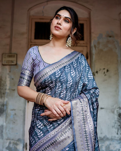 PURE SILK DIGITALLY PRINTED SAREE WEAVED WITH GOLDEN ZARI COMES WITH TASSELS