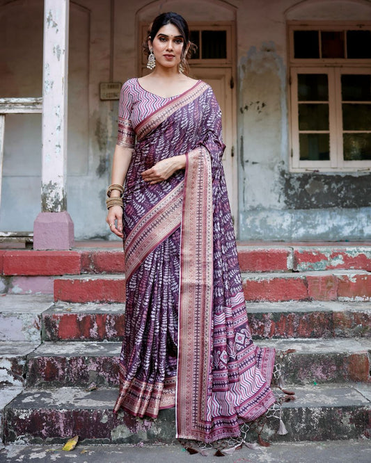PURE SILK DIGITALLY PRINTED SAREE WEAVED WITH GOLDEN ZARI COMES WITH TASSELS