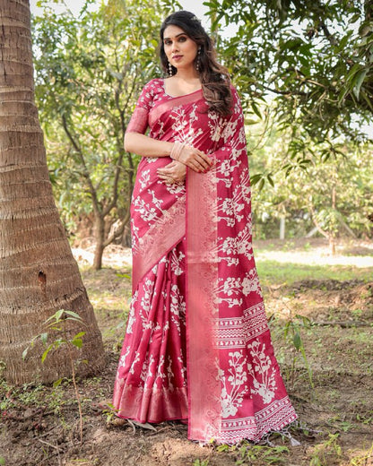 PURE SILK DIGITALLY PRINTED SAREE WEAVED WITH GOLDEN ZARI COMES WITH TASSELS