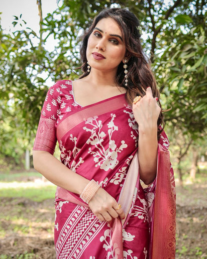 PURE SILK DIGITALLY PRINTED SAREE WEAVED WITH GOLDEN ZARI COMES WITH TASSELS