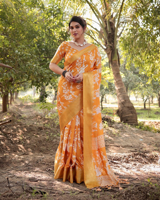 PURE SILK DIGITALLY PRINTED SAREE WEAVED WITH GOLDEN ZARI COMES WITH TASSELS