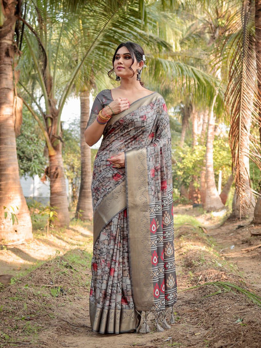 PURE SILK DIGITALLY PRINTED SAREE WEAVED WITH GOLDEN ZARI COMES WITH TASSELS