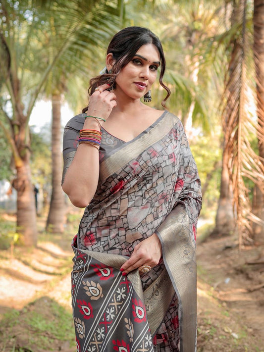 PURE SILK DIGITALLY PRINTED SAREE WEAVED WITH GOLDEN ZARI COMES WITH TASSELS